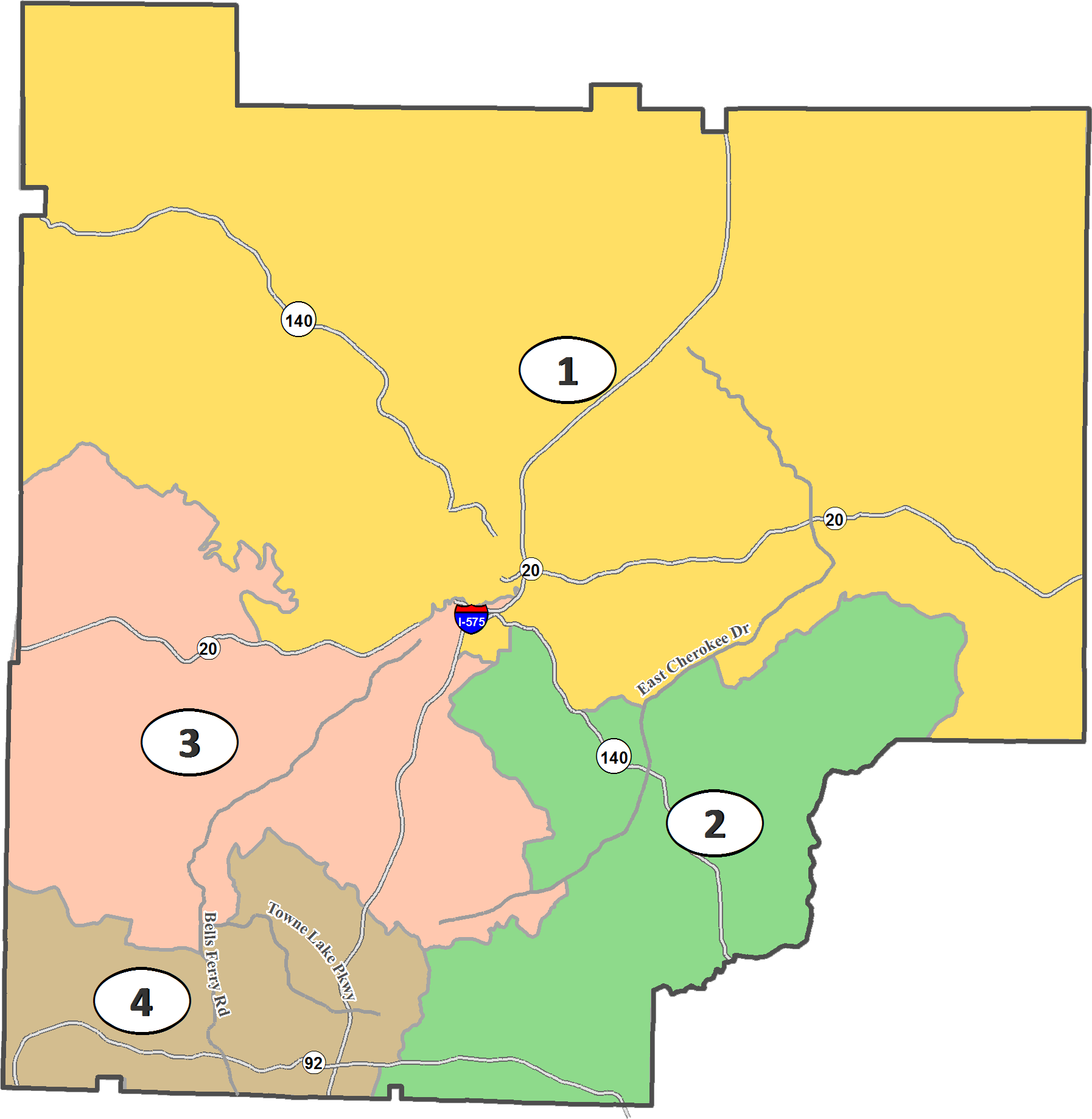 Simulated image of Cherokee County broken up by commission districts